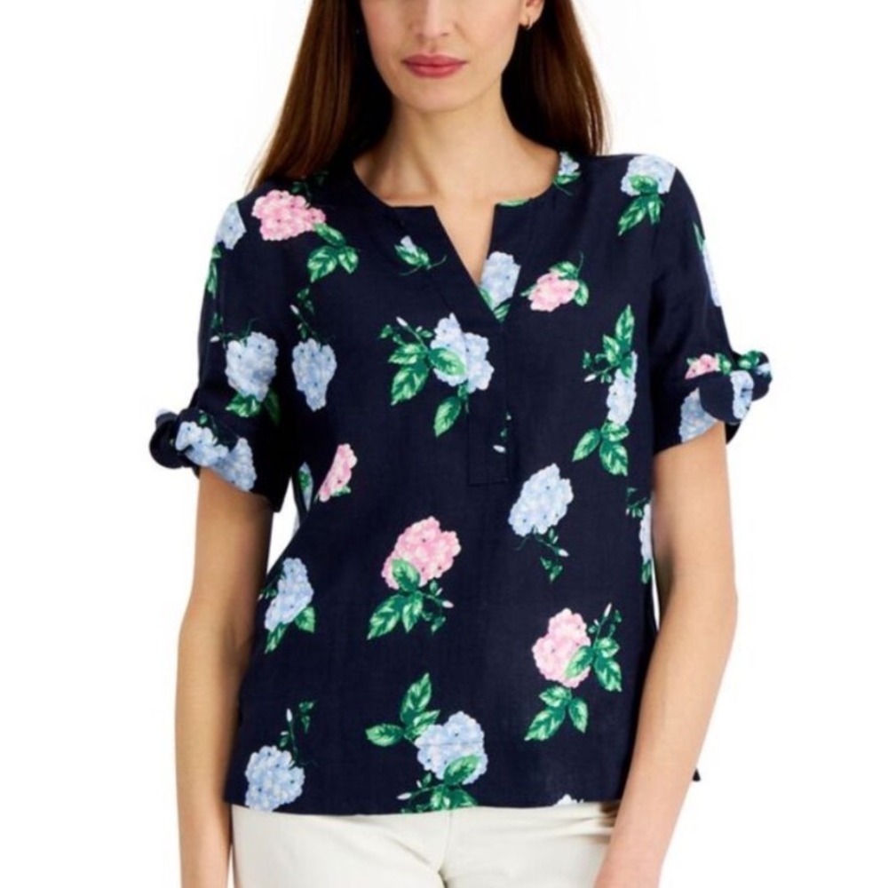 Charter Club Luxury 100% Linen Hydrangea Tie Sleeve Blouse Womens  XXL  Navy